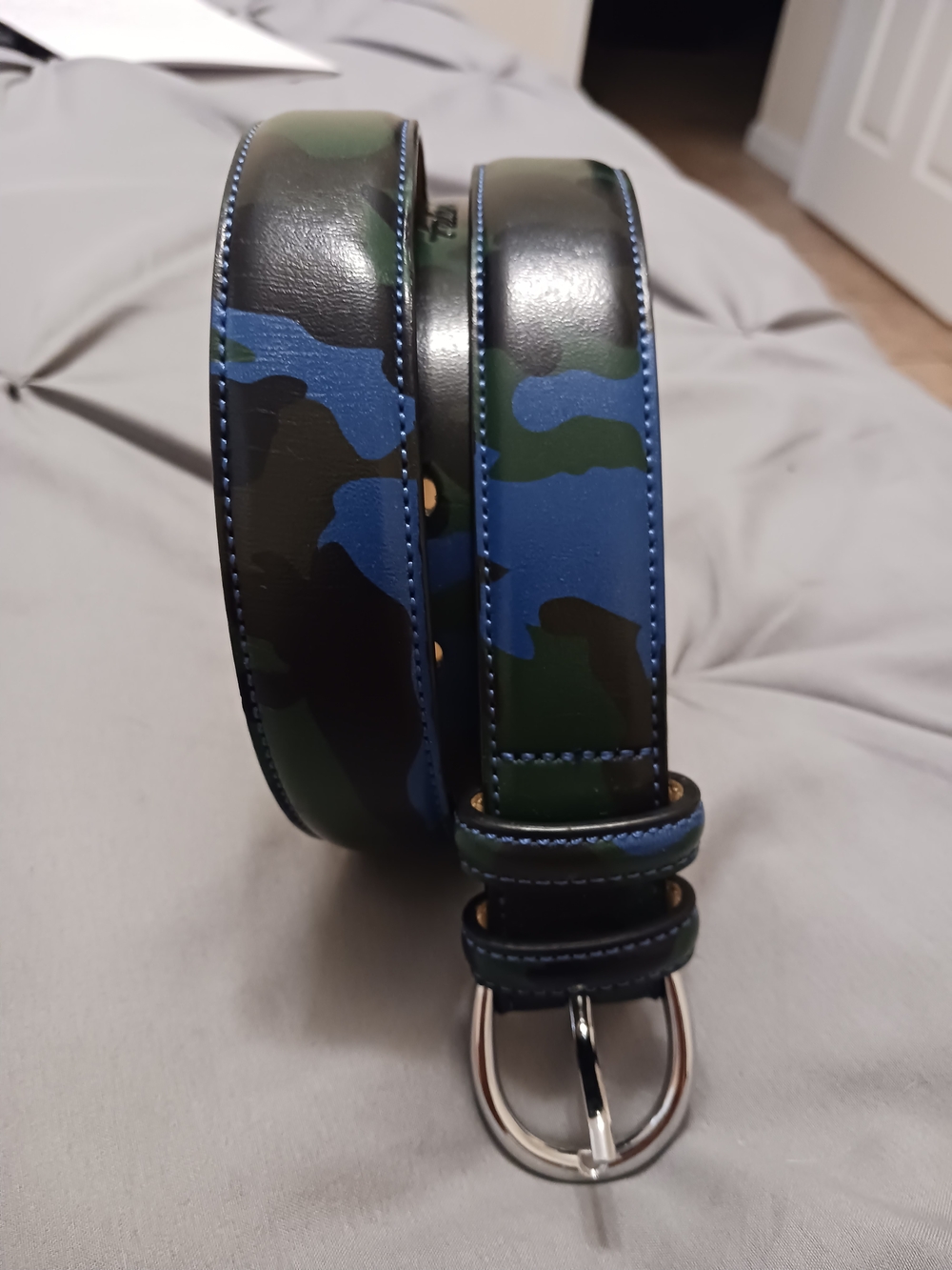 Men's Camouflage Leather Belt in Blue and Green with Polished Buckle